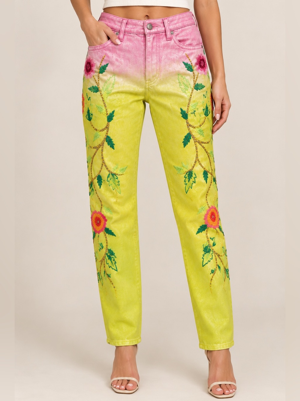 Ralph Lauren Purple Label Hand Painted Floral Jeans Size 26 Pink Yellow